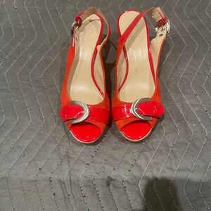 Franco Sarto Artist’s Collection Wedge Pump Red Suede, Cork Patent Leather